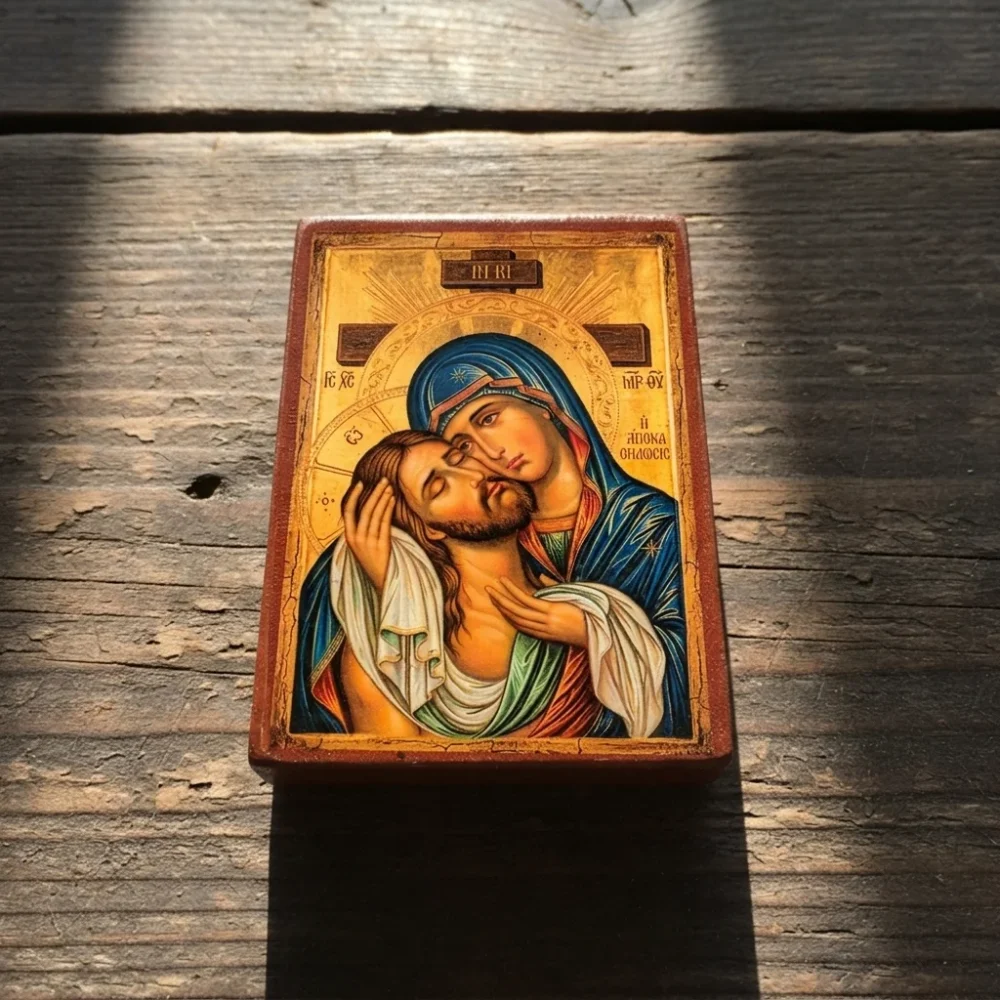 Holy Apokathelosis Orthodox wooden mounted icon showing the Theotokos embracing the Crucified Christ.