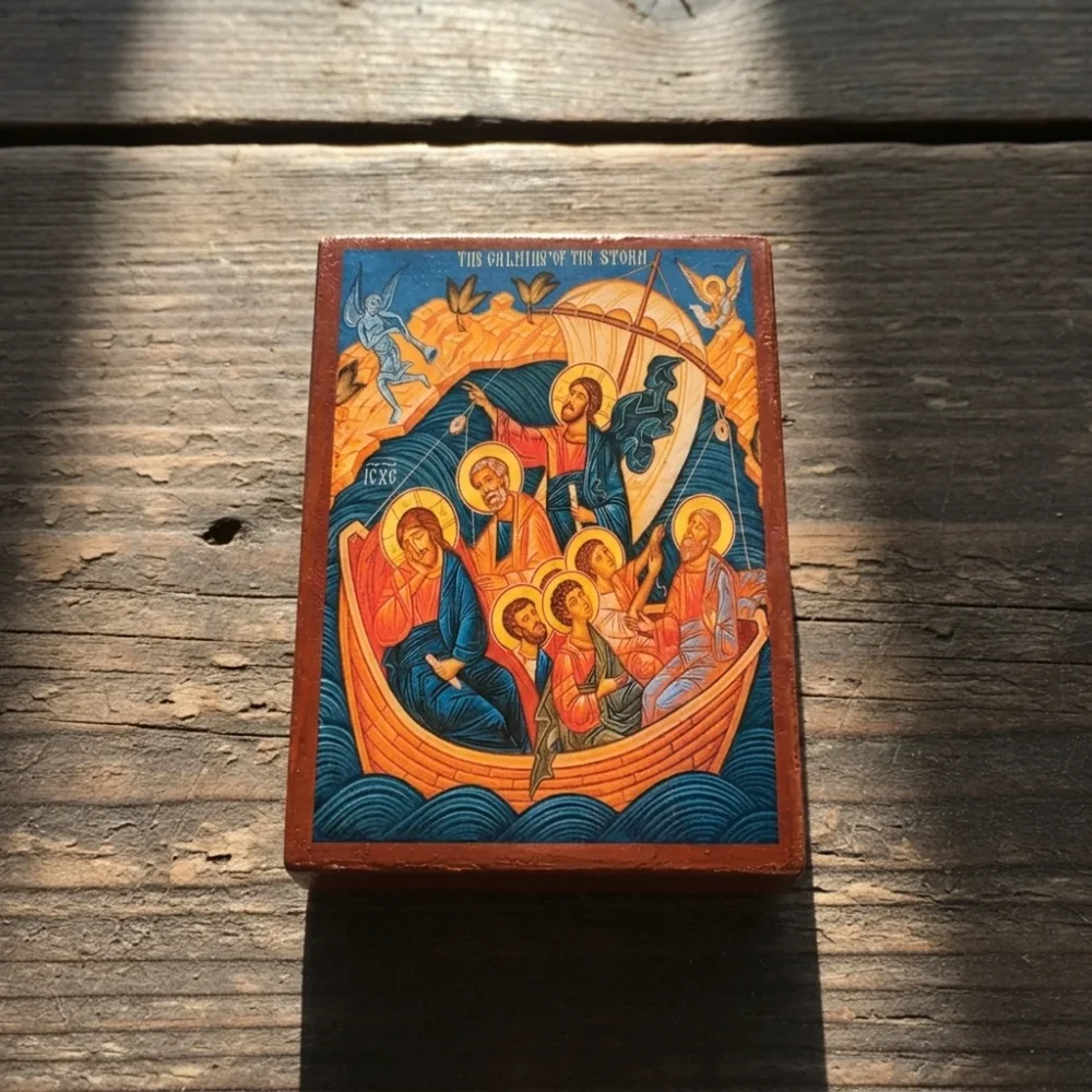The Calming of the Storm Orthodox wooden mounted icon showing Christ with the disciples in the boat
