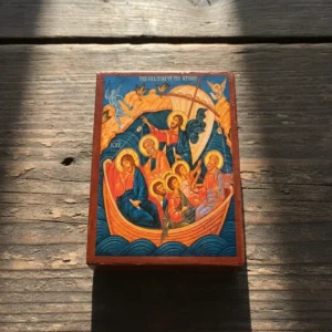 The Calming of the Storm Orthodox wooden mounted icon showing Christ with the disciples in the boat