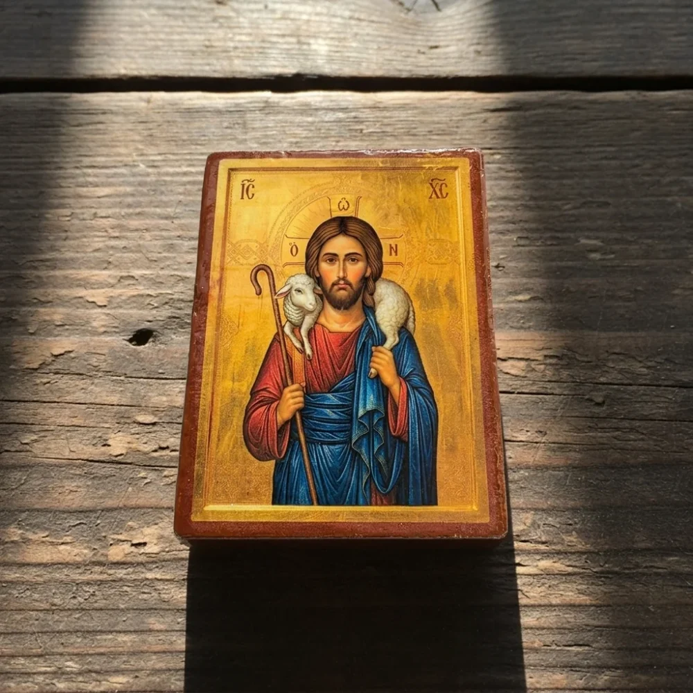 Jesus Christ The Good Shepherd Wooden Mounted Icon