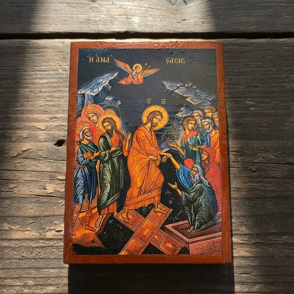 The Resurrection of Jesus Orthodox wooden mounted icon showing Christ in triumph over death in traditional Orthodox style