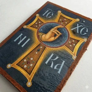 IC XC NIKA Orthodox wooden mounted icon showing the Blessing Hand of Christ inside a decorative cross with strong back magnet