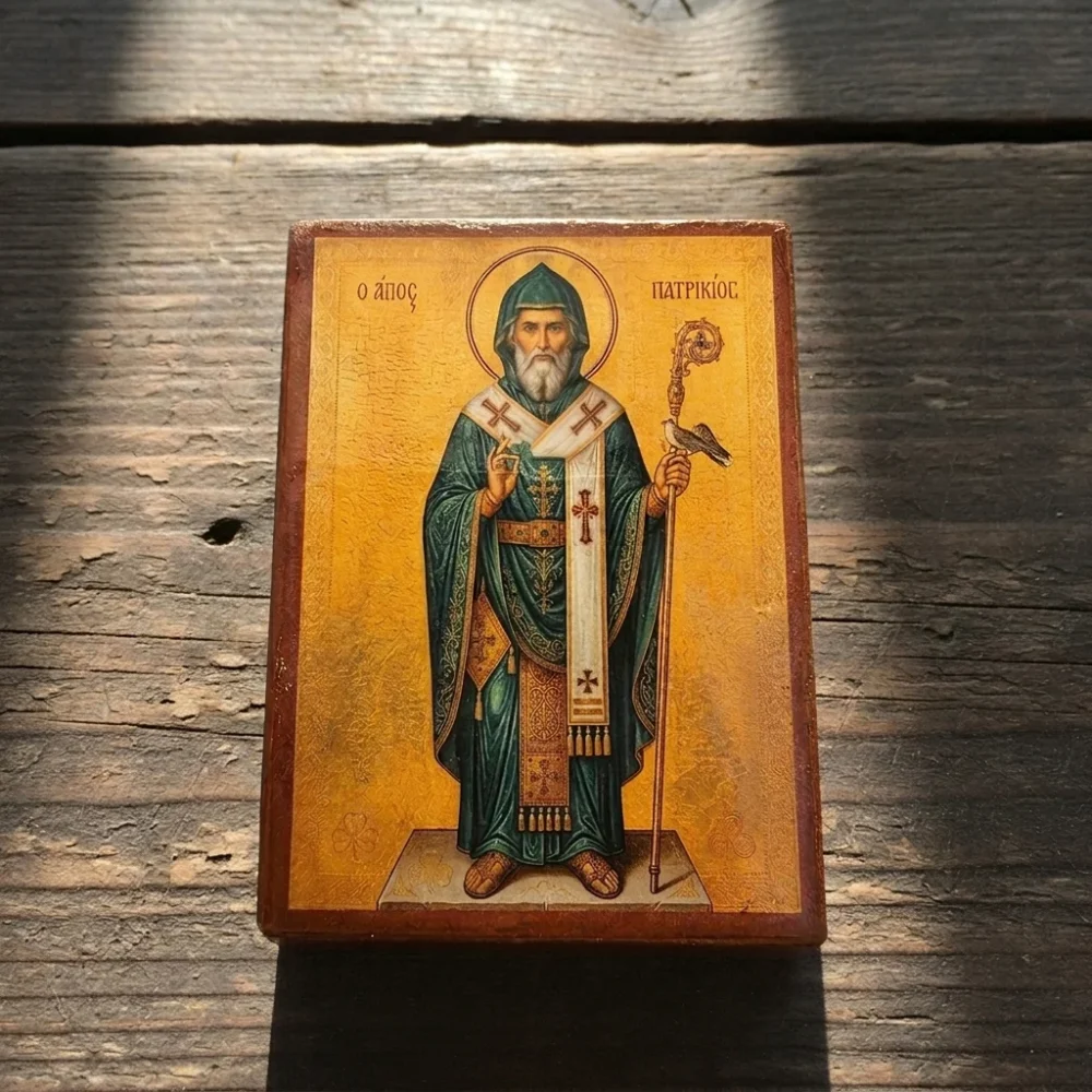 Saint Patrick Orthodox Wooden Mounted Icon handcrafted on solid wood with decoupage technique in Brooklyn, New York