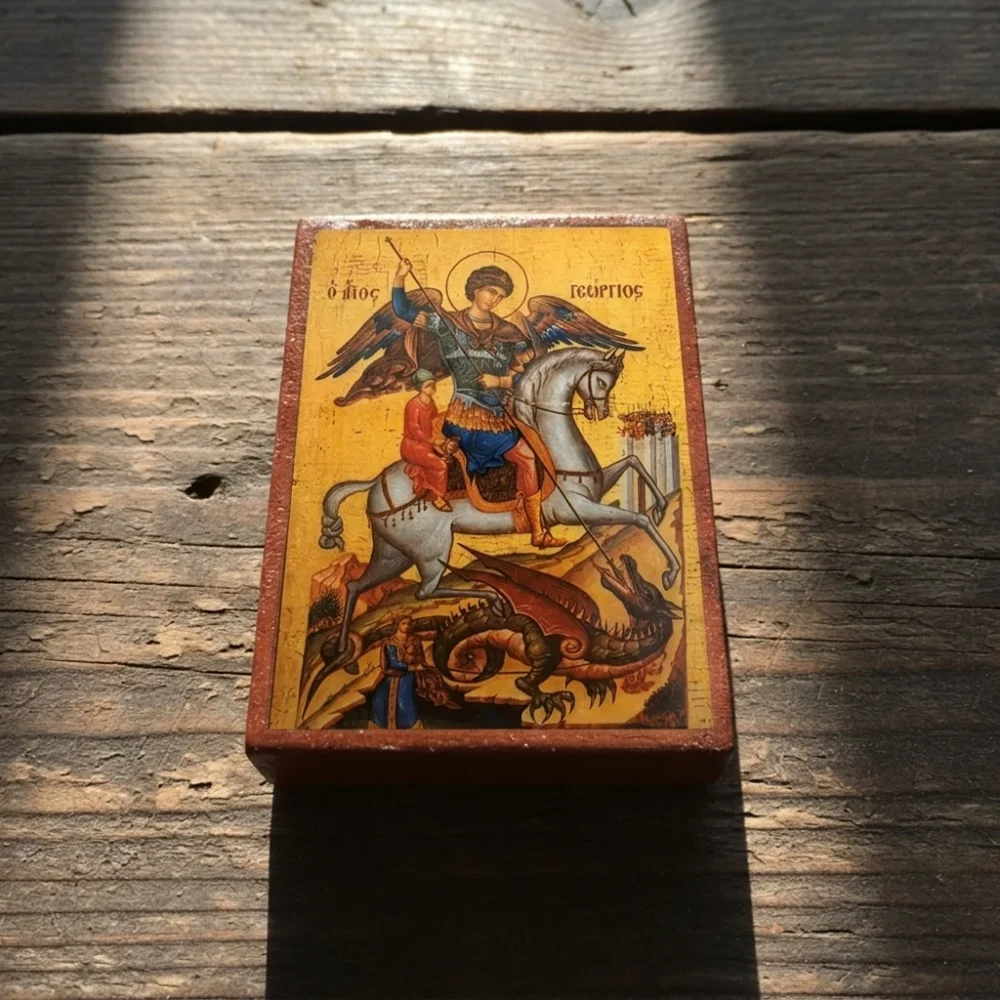 Saint George Orthodox Wooden Mounted Icon showing Saint George on horseback slaying the demon dragon.