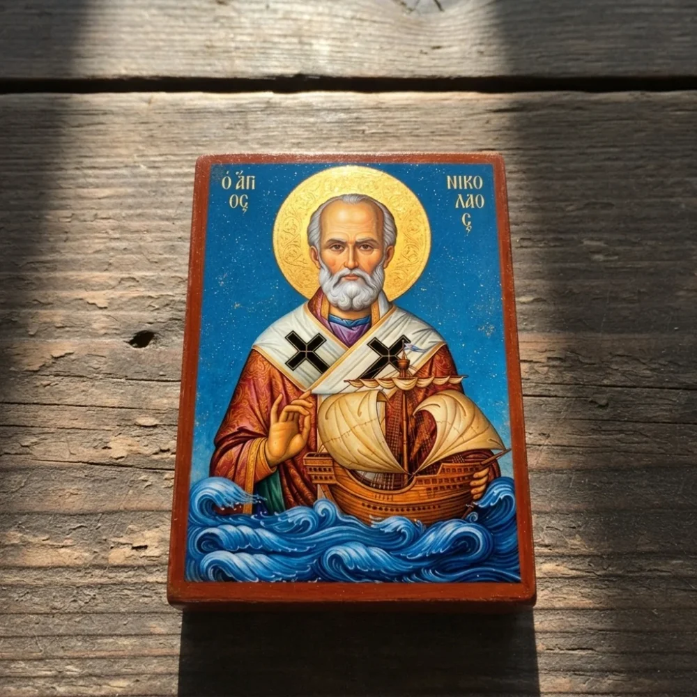 Saint Nicholas Orthodox wooden mounted icon holding a ship above ocean waves, protector of sailors