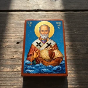 Saint Nicholas Orthodox wooden mounted icon holding a ship above ocean waves, protector of sailors