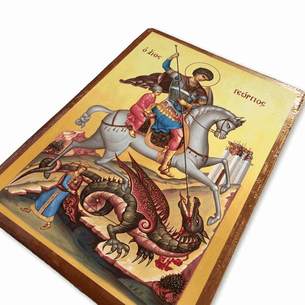 Greek Christian Orthodox Wooden Mounted Icon of Saint George the Great Martyr Riding His Horse and Slaying the Evil Dragon 2.5 x 3.5 in Greek Christian Orthodox Wooden Mounted Icon of Saint George the Great Martyr Riding His Horse and Slaying the Evil Dragon 2.5 x 3.5 in