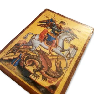 Saint George Orthodox Wooden Mounted Icon showing Saint George on horseback slaying the demon dragon.