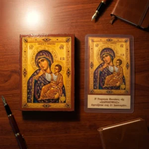 Close up of a handmade Panagia Paramythia Orthodox wooden mounted icon on a natural wood surface plus a laminated icon as a gift for your purchase.