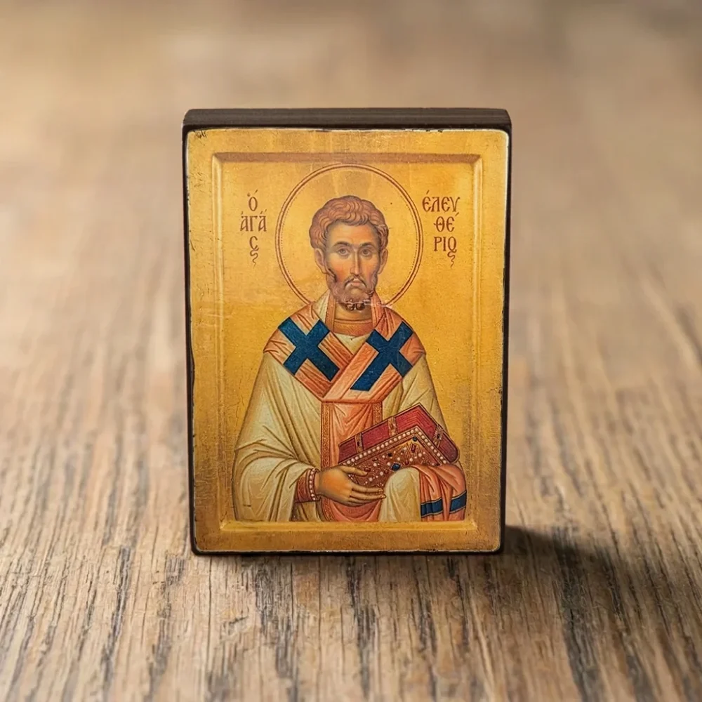 Saint Eleftherios Orthodox Wooden Mounted Icon with magnet.