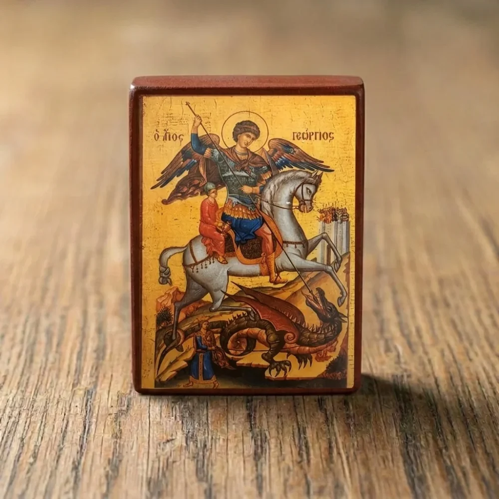Saint George Orthodox Wooden Mounted Icon showing Saint George on horseback slaying the demon dragon.
