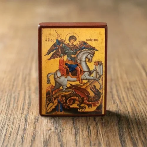 Saint George Orthodox Wooden Mounted Icon showing Saint George on horseback slaying the demon dragon.