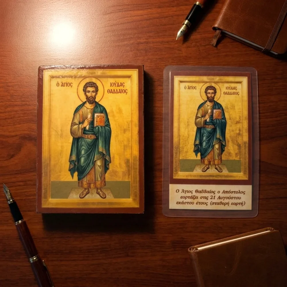 Saint Jude Thaddeus the Apostle Orthodox Wooden Mounted Icon and a laminated icon as a gift for your purchase.