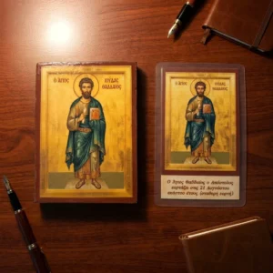Saint Jude Thaddeus the Apostle Orthodox Wooden Mounted Icon and a laminated icon as a gift for your purchase.