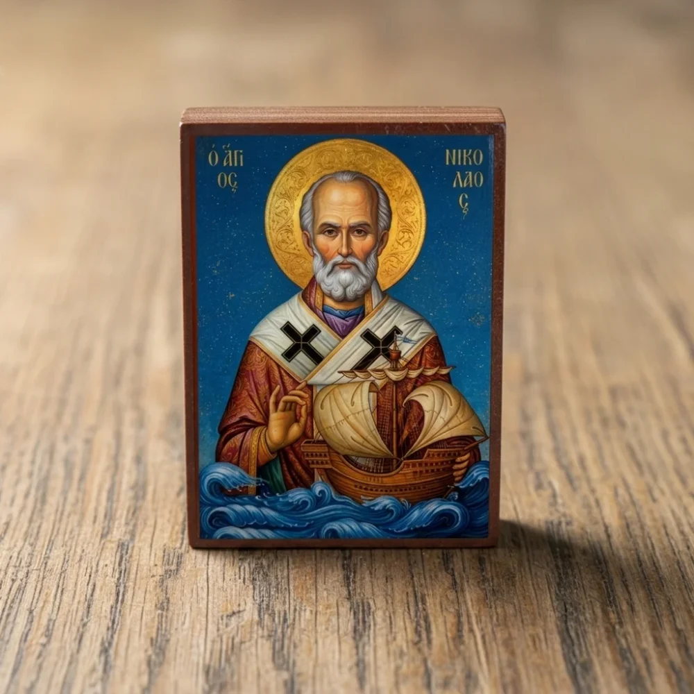 Saint Nicholas Orthodox wooden mounted icon holding a ship above ocean waves, protector of sailors