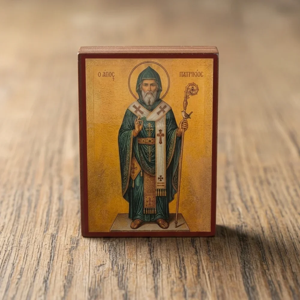 Saint Patrick Orthodox Wooden Mounted Icon handcrafted on solid wood with decoupage technique in Brooklyn, New York