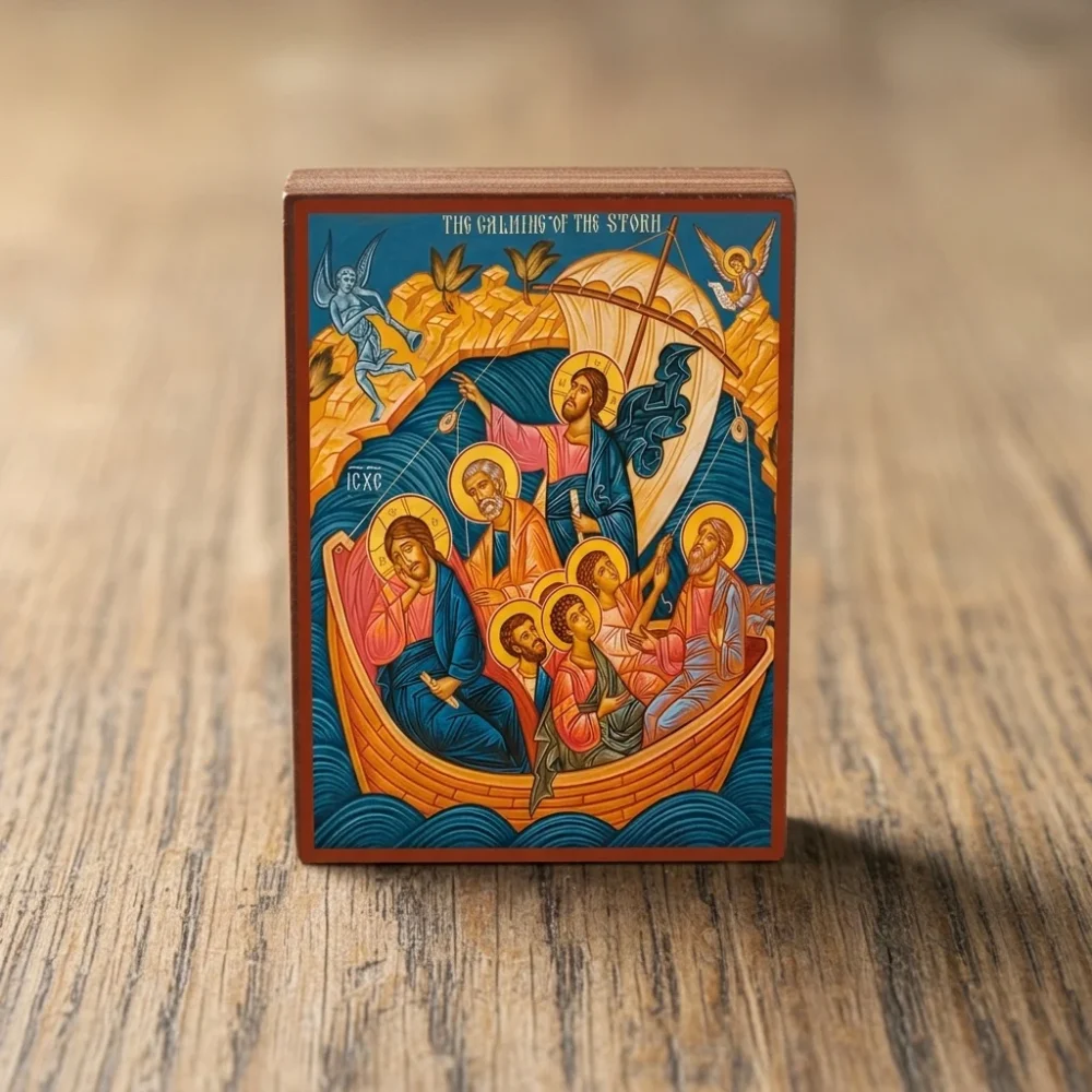 The Calming of the Storm Orthodox wooden mounted icon showing Christ with the disciples in the boat