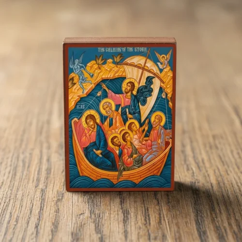 The Calming of the Storm Orthodox wooden mounted icon showing Christ with the disciples in the boat