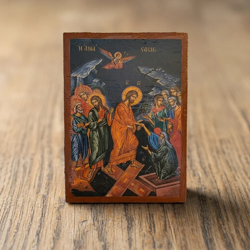 The Resurrection of Jesus Orthodox wooden mounted icon showing Christ in triumph over death in traditional Orthodox style
