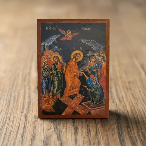 The Resurrection of Jesus Orthodox wooden mounted icon showing Christ in triumph over death in traditional Orthodox style