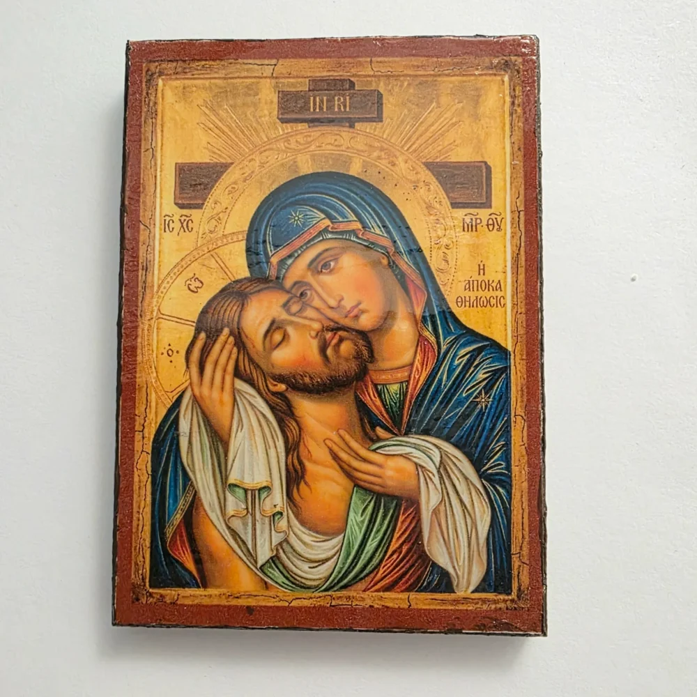 Holy Apokathelosis Orthodox wooden mounted icon showing the Theotokos embracing the Crucified Christ.