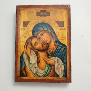 Holy Apokathelosis Orthodox wooden mounted icon showing the Theotokos embracing the Crucified Christ.