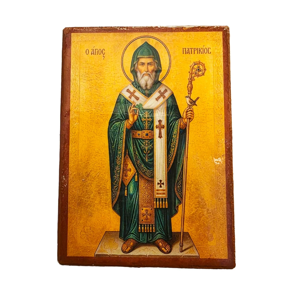 Saint Patrick Orthodox Wooden Mounted Icon handcrafted on solid wood with decoupage technique in Brooklyn, New York