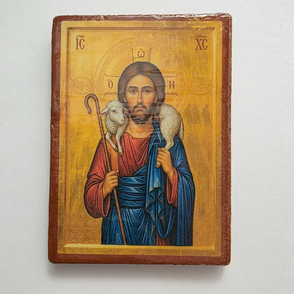 Jesus Christ The Good Shepherd Wooden Mounted Icon