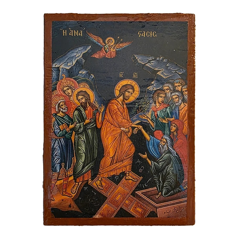 The Resurrection of Jesus Orthodox wooden mounted icon showing Christ in triumph over death in traditional Orthodox style
