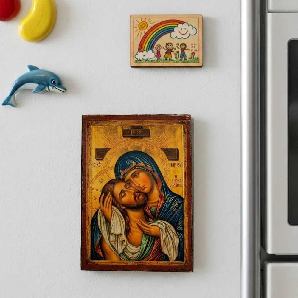 Holy Apokathelosis Orthodox wooden mounted icon with magnet showing the Theotokos embracing the Crucified Christ.