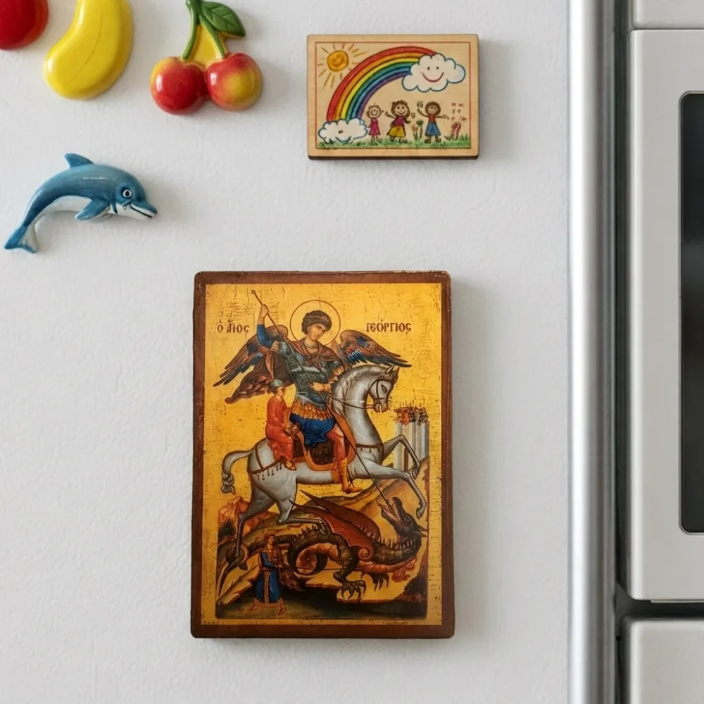 Saint George Orthodox Wooden Mounted Icon with magnet showing Saint George on horseback slaying the demon dragon.