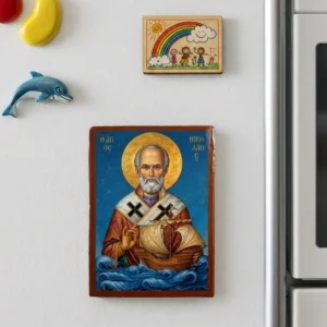 Saint Nicholas Orthodox wooden mounted icon with magnet holding a ship above ocean waves, protector of sailors
