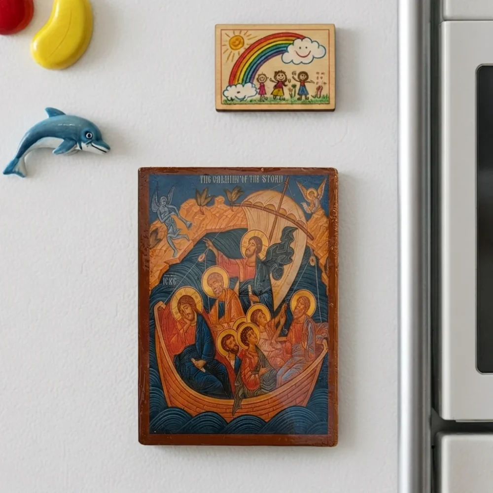 The Calming of the Storm Orthodox wooden mounted icon with magnet showing Christ with the disciples in the boat