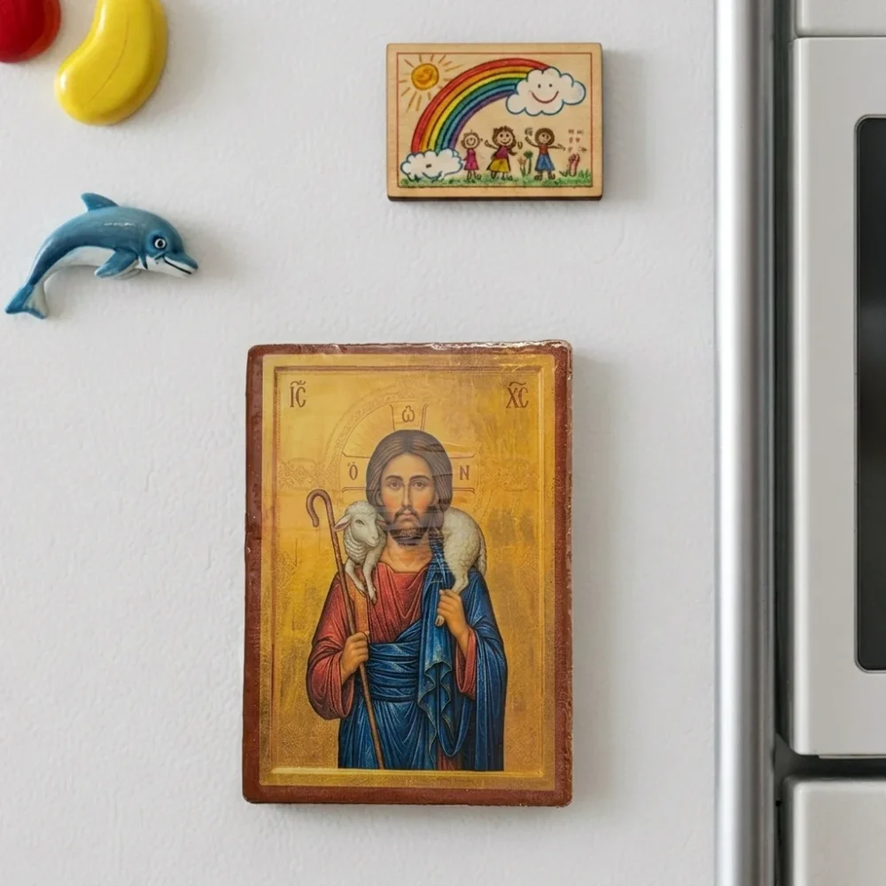 Jesus Christ The Good Shepherd Wooden Mounted Icon with magnet.