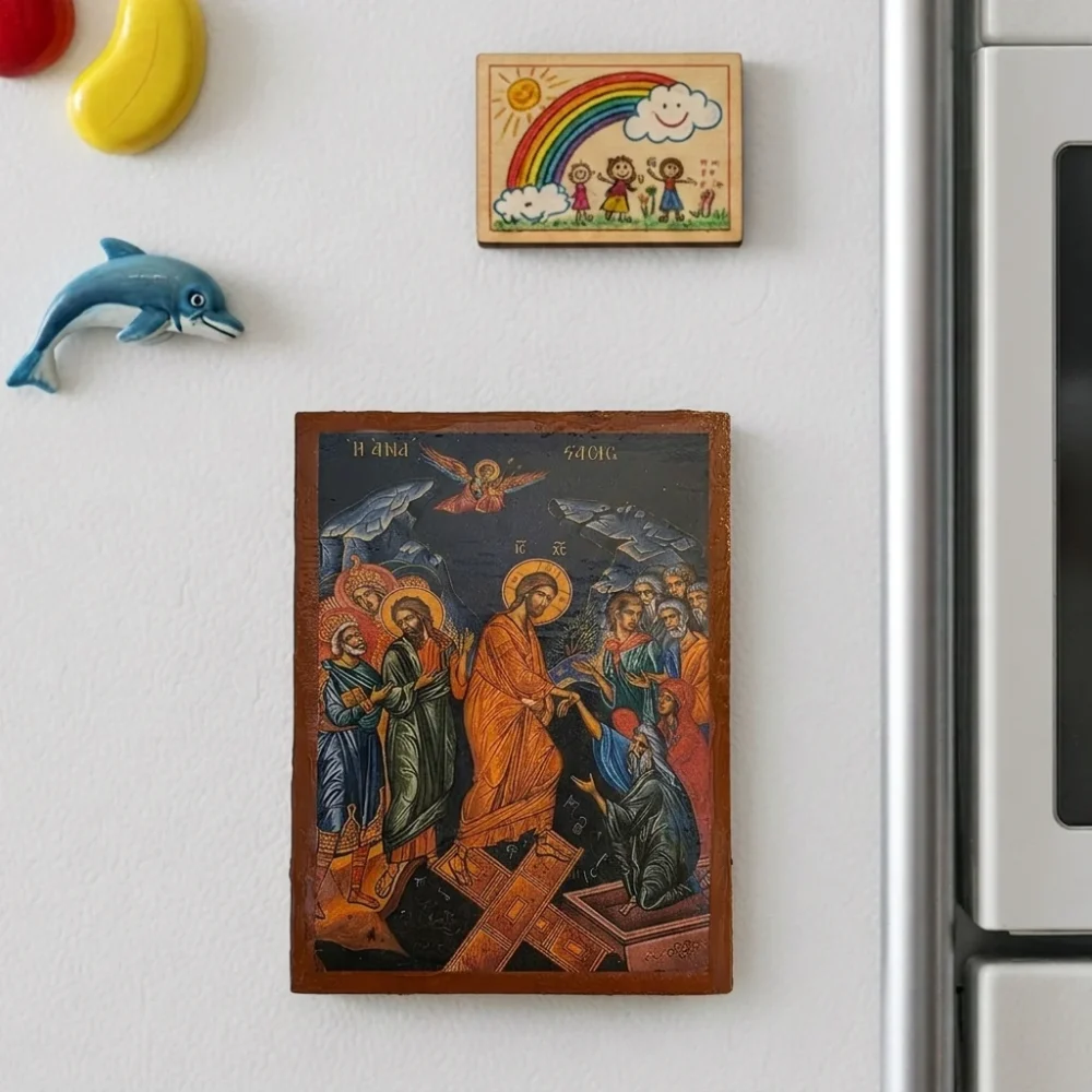 The Resurrection of Jesus Orthodox wooden mounted icon with magnet showing Christ in triumph over death in traditional Orthodox style