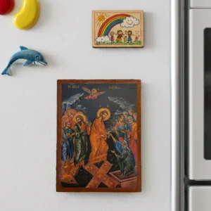 The Resurrection of Jesus Orthodox wooden mounted icon with magnet showing Christ in triumph over death in traditional Orthodox style