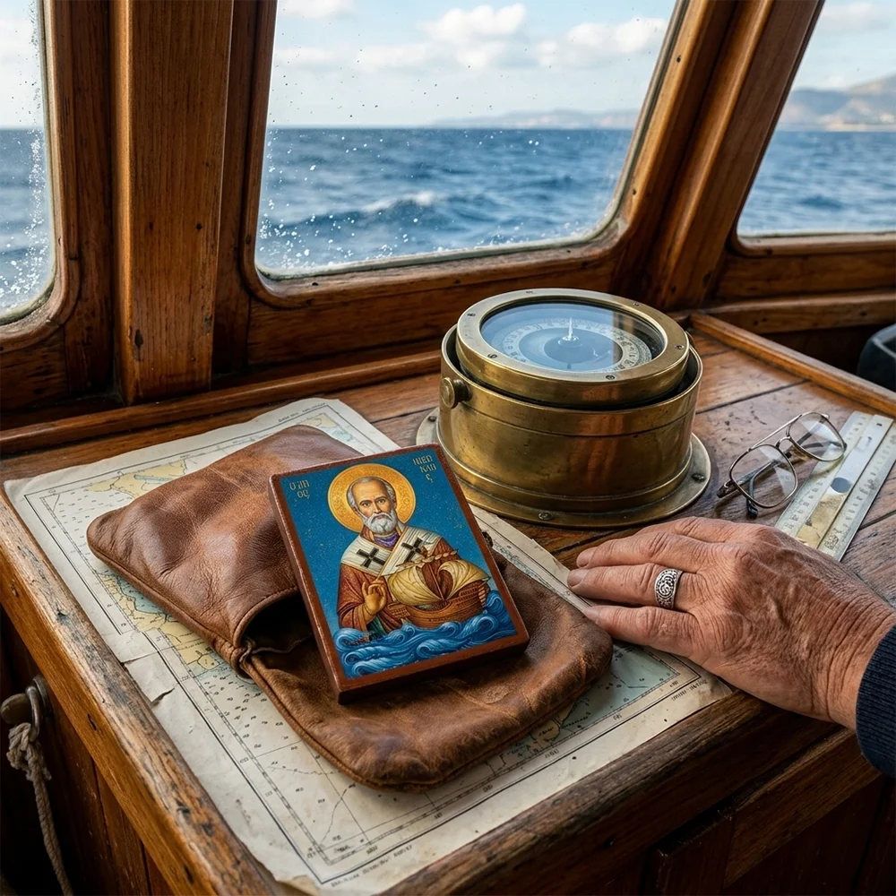 Saint Nicholas Orthodox wooden mounted icon with magnet holding a ship above ocean waves, protector of sailors