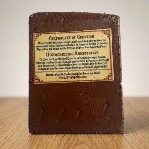 Back side of the Saint Ephraim the Neomartyr Orthodox Wooden Mounted Icon in traditional Byzantine Orthodox style.