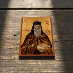 Saint Anthimos of Chios Orthodox Wooden Mounted Icon with gold background in traditional Orthodox style