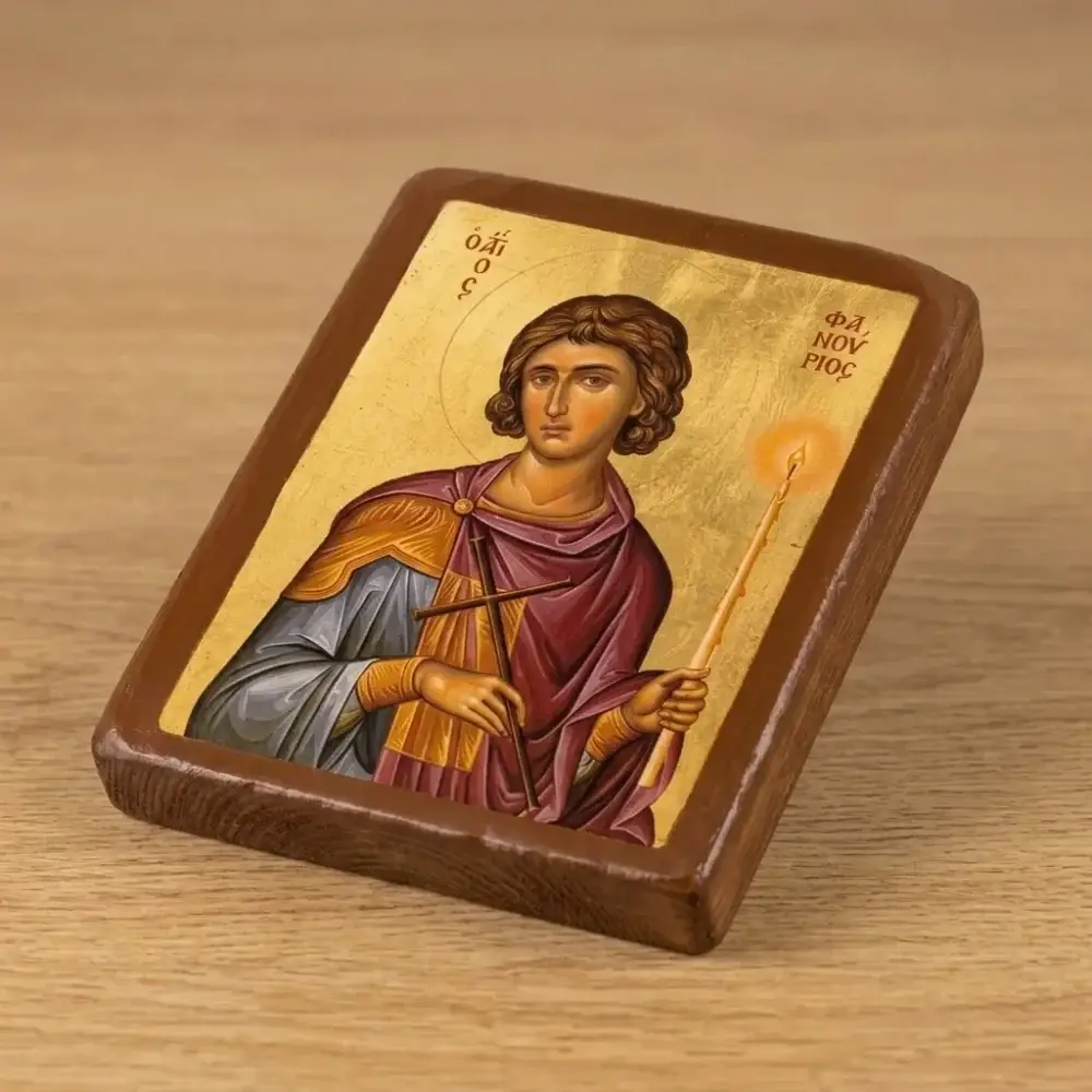 Saint Fanourios Orthodox Wooden Mounted Icon with traditional Orthodox styling and bright background.