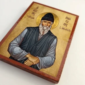 Saint Paisios the Athonite Orthodox Wooden Mounted Icon with gold background, monastic garments, and strong back magnet