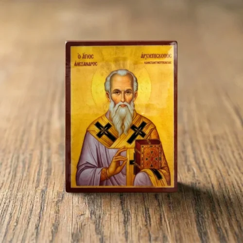 Saint Alexander, Archbishop of Constantinople Orthodox Wooden Mounted Icon with gold background and bishop vestments