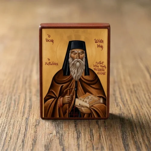 Saint Anthimos of Chios Orthodox Wooden Mounted Icon with gold background in traditional Orthodox style