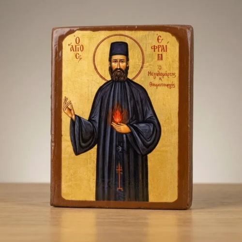 Saint Ephraim the Neomartyr Orthodox Wooden Mounted Icon in traditional Byzantine Orthodox style.