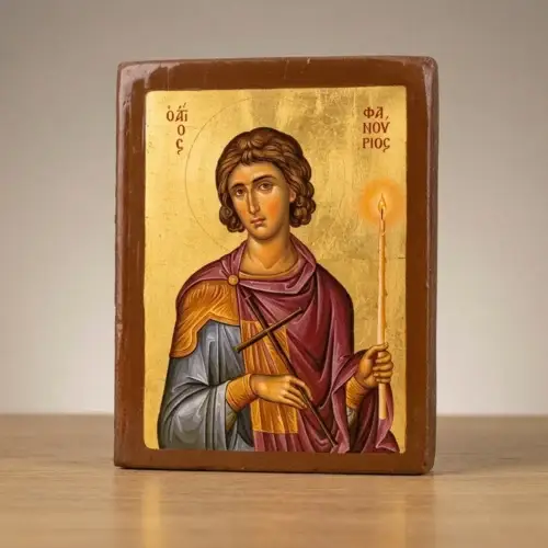 Saint Fanourios Orthodox Wooden Mounted Icon with traditional Orthodox styling and bright background.