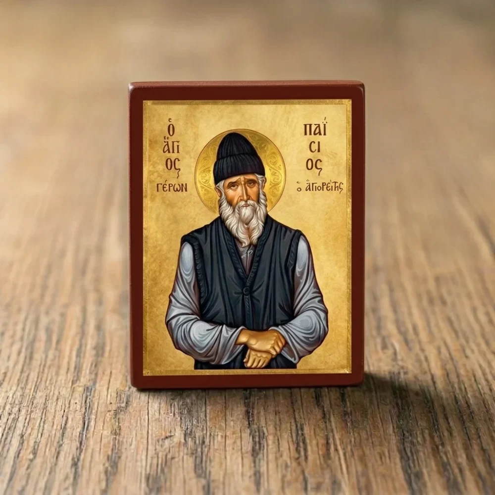 Saint Paisios the Athonite Orthodox Wooden Mounted Icon with gold background, monastic garments, and strong back magnet