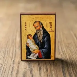 Saint Stylianos Byzantine wooden icon with swaddled child.