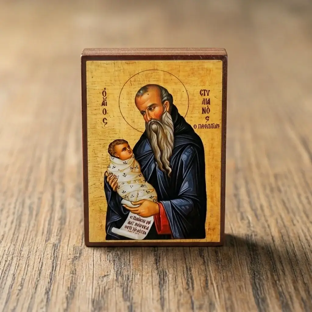 Saint Stylianos Byzantine wooden icon with swaddled child.