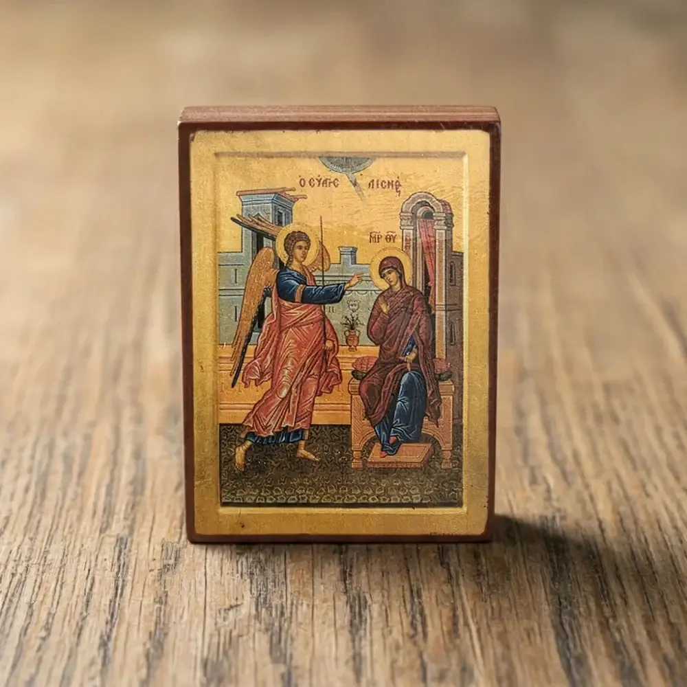Annunciation of Theotokos Byzantine wooden-mounted icon featuring Archangel Gabriel and the Virgin Mary