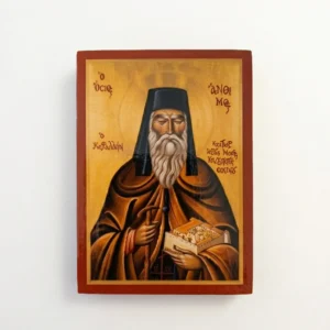Saint Anthimos of Chios Orthodox Wooden Mounted Icon with gold background in traditional Orthodox style